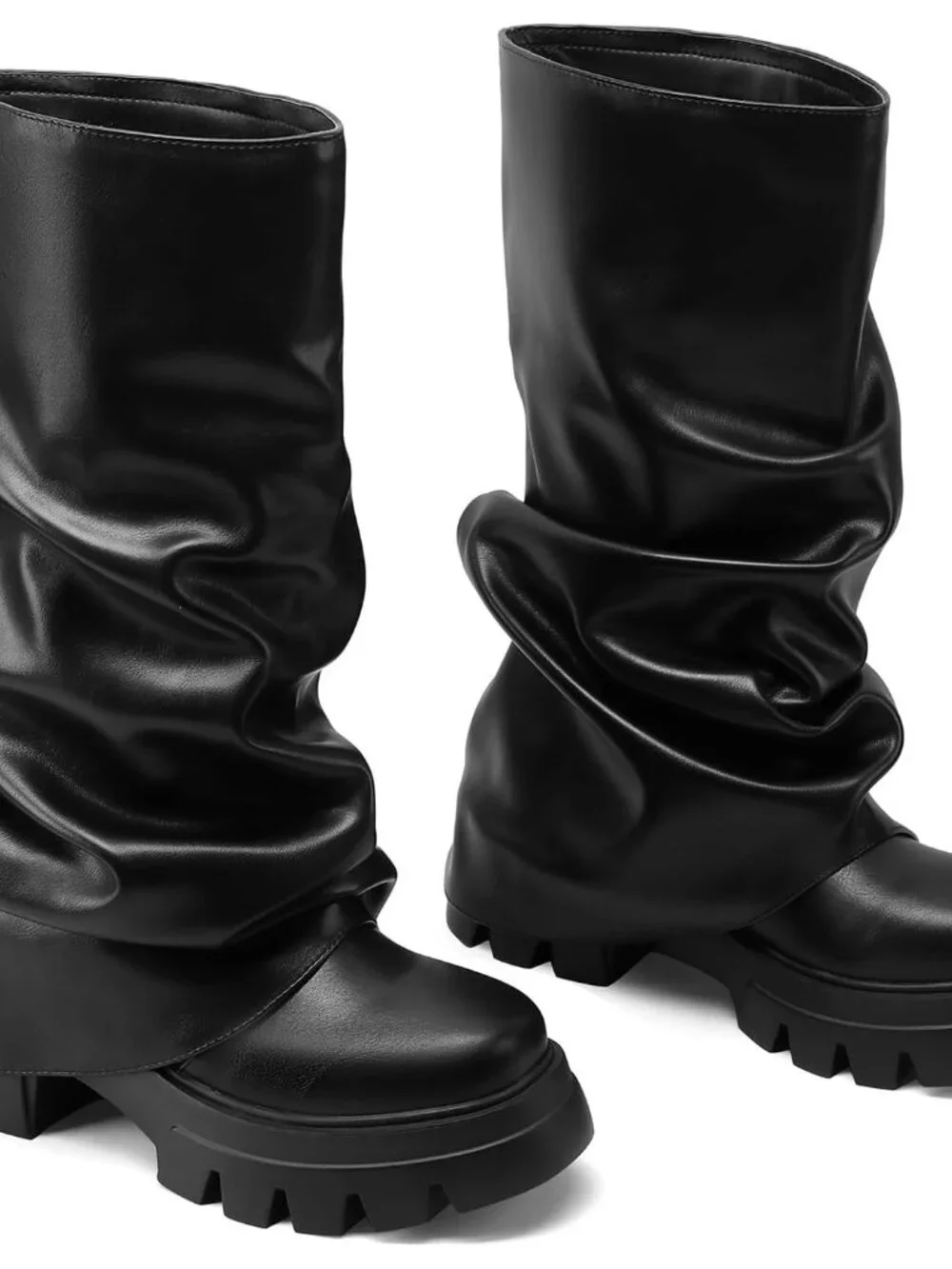 Women's Black Fold Over Boots Slouchy Boots Wide Calf Pleated Platform Boots - Picture 4 of 6